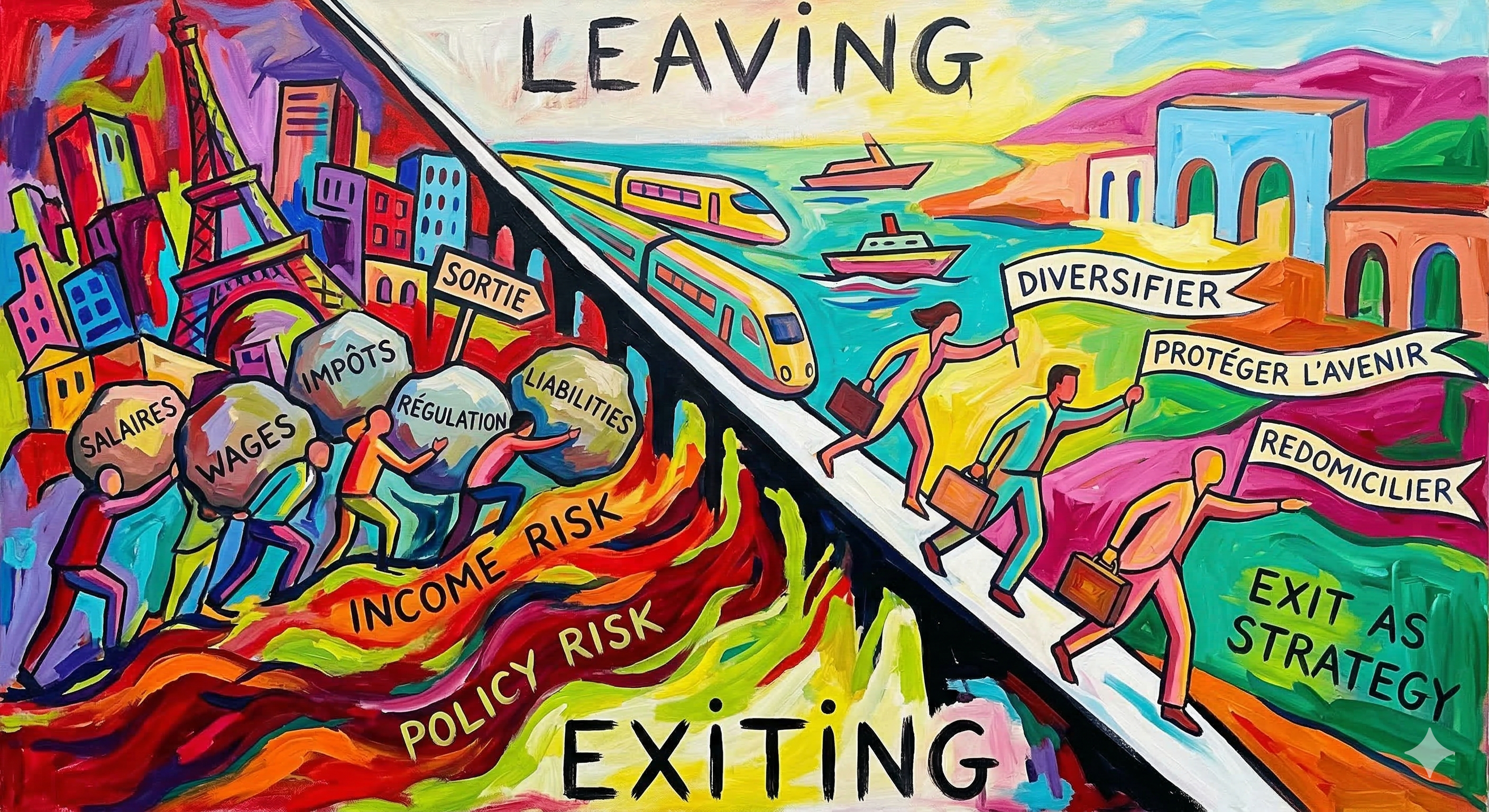 Leaving and exiting France — expressionist painting